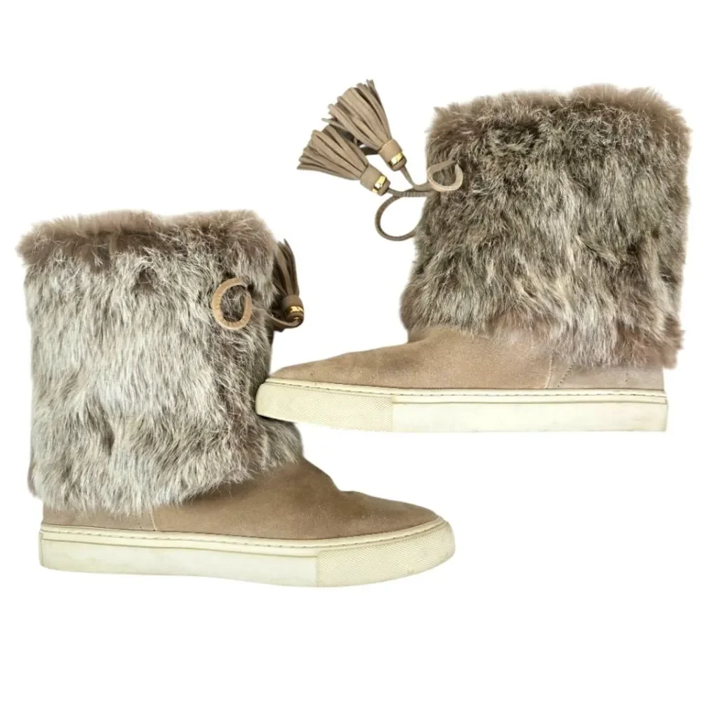 Tory Burch Angelica Tassel Suede Leather Rabbit Fur Slip On Boots US 9M